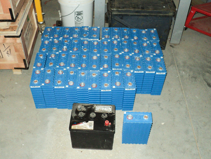 Old golf cart battery in from of the new lithium ion batteries